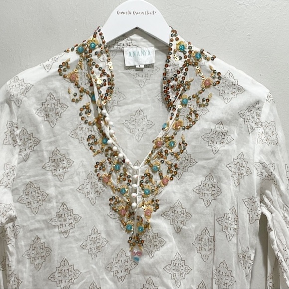 ANANYA Women’s White Multi Heavily Beaded Cotton Tunic Top Blouse Size Large - Picture 2 of 7